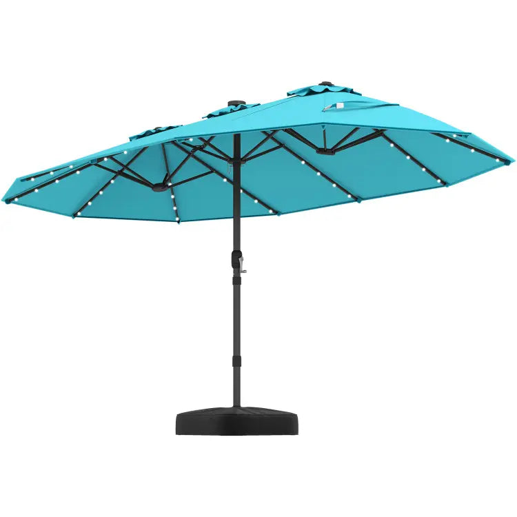 4.5 x 4 m solar parasol with base; extra-large double outdoor parasol with 36 LED lights and crank mechanism — ideal for gardens, terraces, poolside and outdoor spaces.