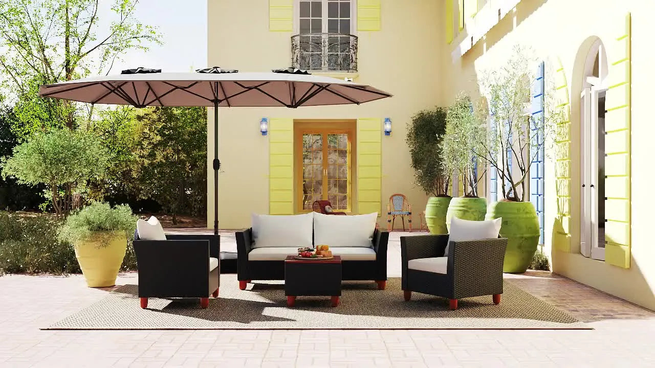 4.5 x 4 m solar parasol with base; extra-large double outdoor parasol with 36 LED lights and crank mechanism — ideal for gardens, terraces, poolside and outdoor spaces.