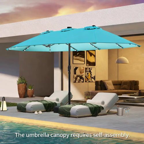4.5 x 4 m solar parasol with base; extra-large double outdoor parasol with 36 LED lights and crank mechanism — ideal for gardens, terraces, poolside and outdoor spaces.