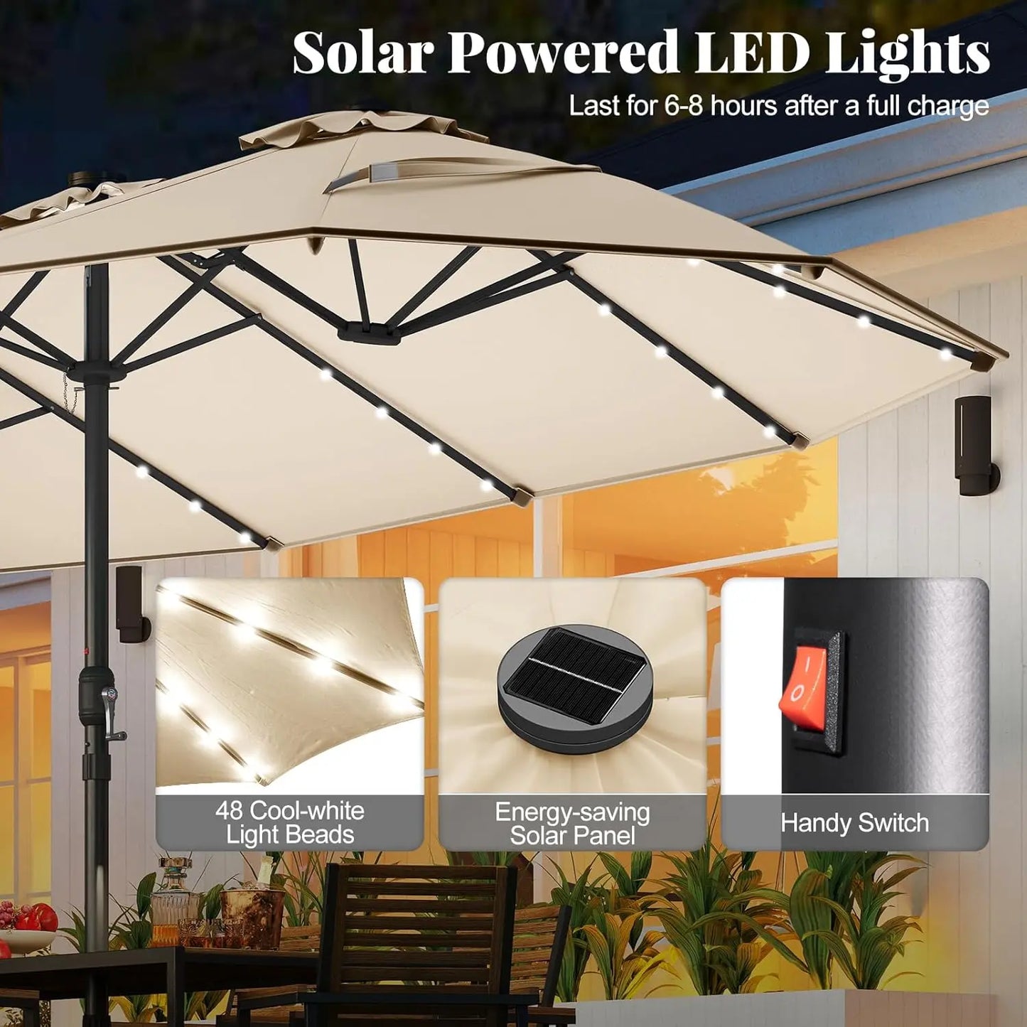 4.5 x 4 m solar parasol with base; extra-large double outdoor parasol with 36 LED lights and crank mechanism — ideal for gardens, terraces, poolside and outdoor spaces.