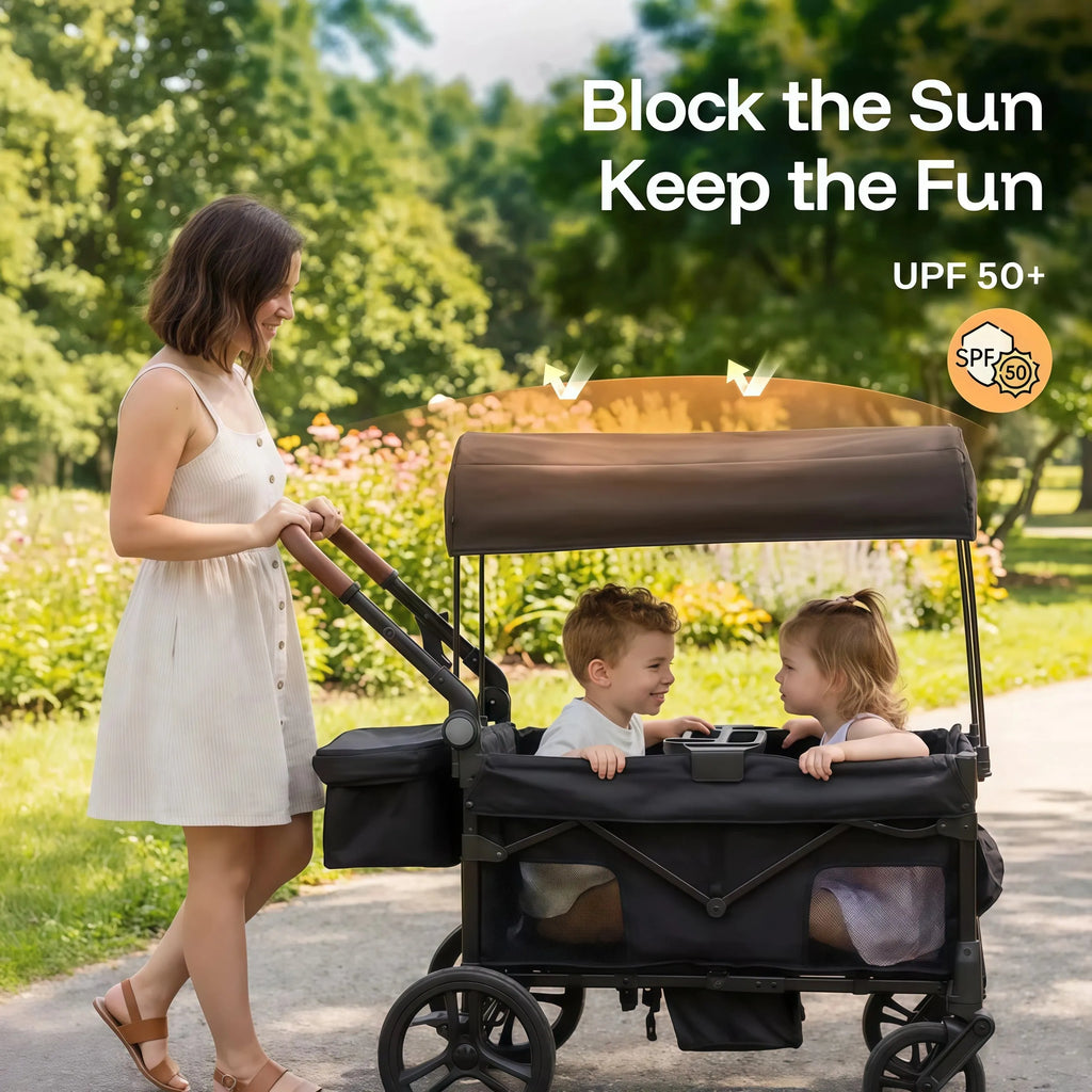 2-Seat Foldable Wagon Stroller for Kids with UPF 50+ Canopy, Mosquito Net & All-Terrain Wheels