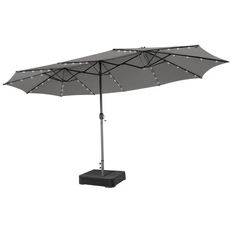 4.5 x 4 m solar parasol with base; extra-large double outdoor parasol with 36 LED lights and crank mechanism — ideal for gardens, terraces, poolside and outdoor spaces.
